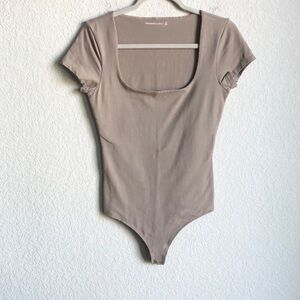 Abercrombie and Fitch Short Square Neck Bodysuit Taupe Beige Cotton.
